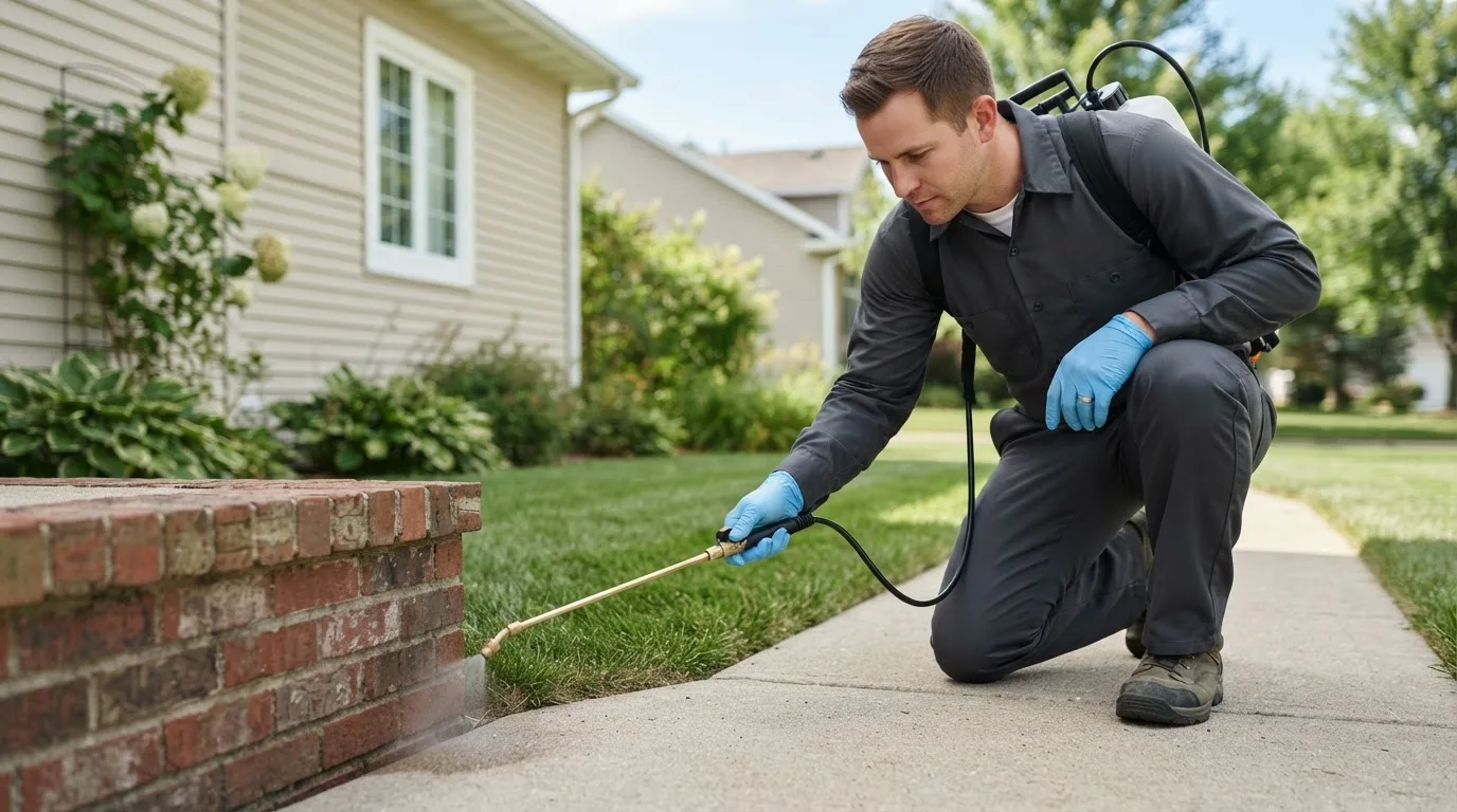 Pest control technician treating a home near Cromwell, IN