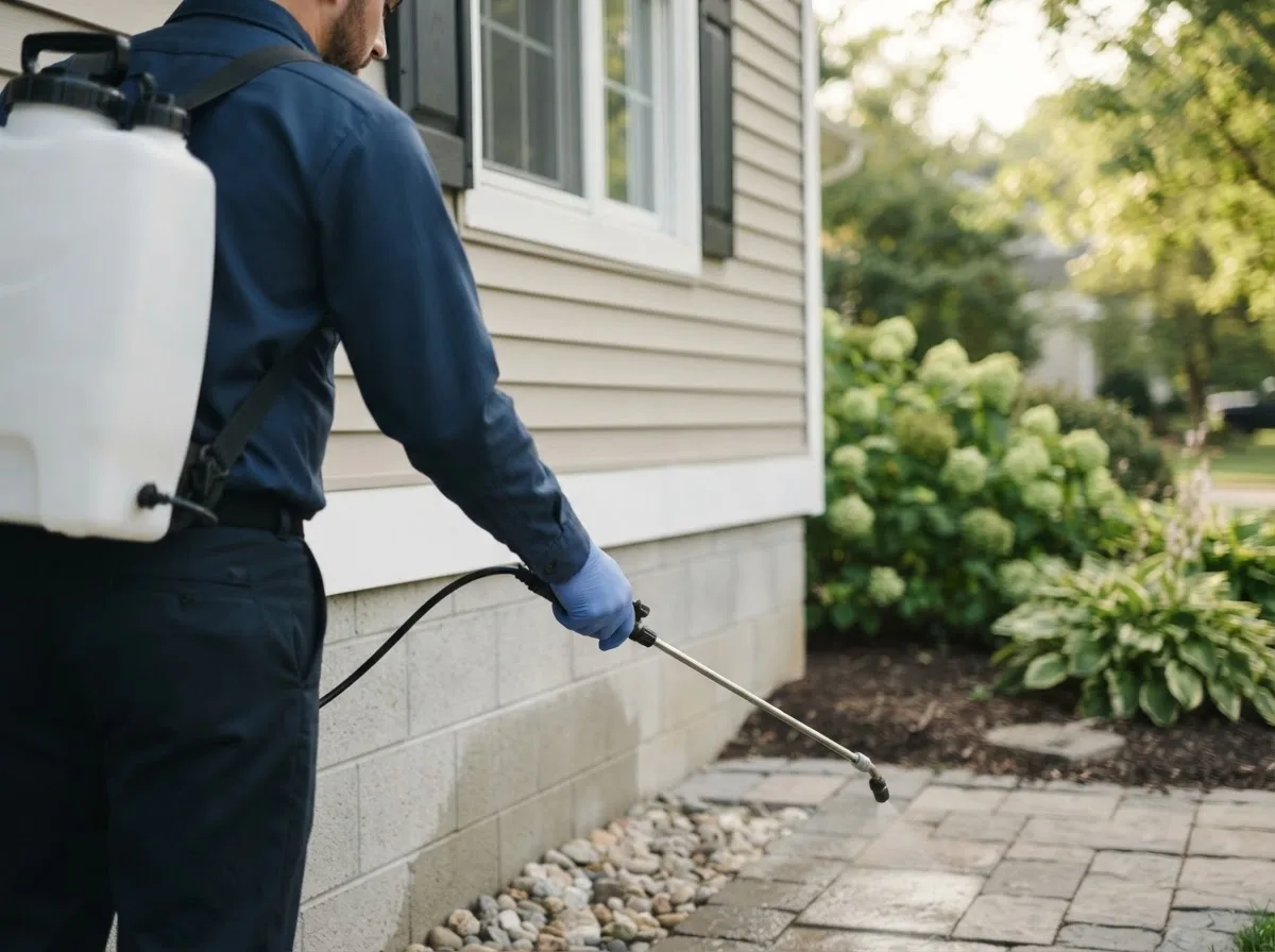Pest control technician inspecting a home in Cromwell, IN